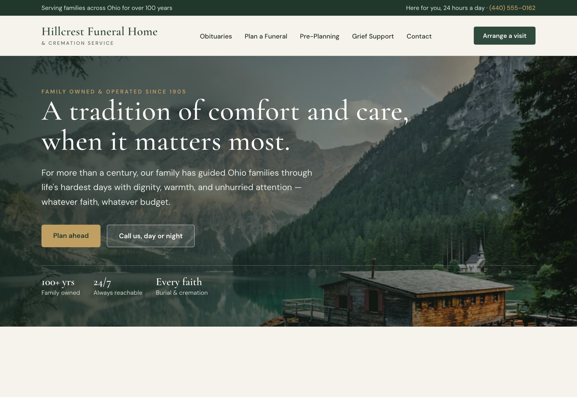The rebuilt funeral home homepage — calm and modern