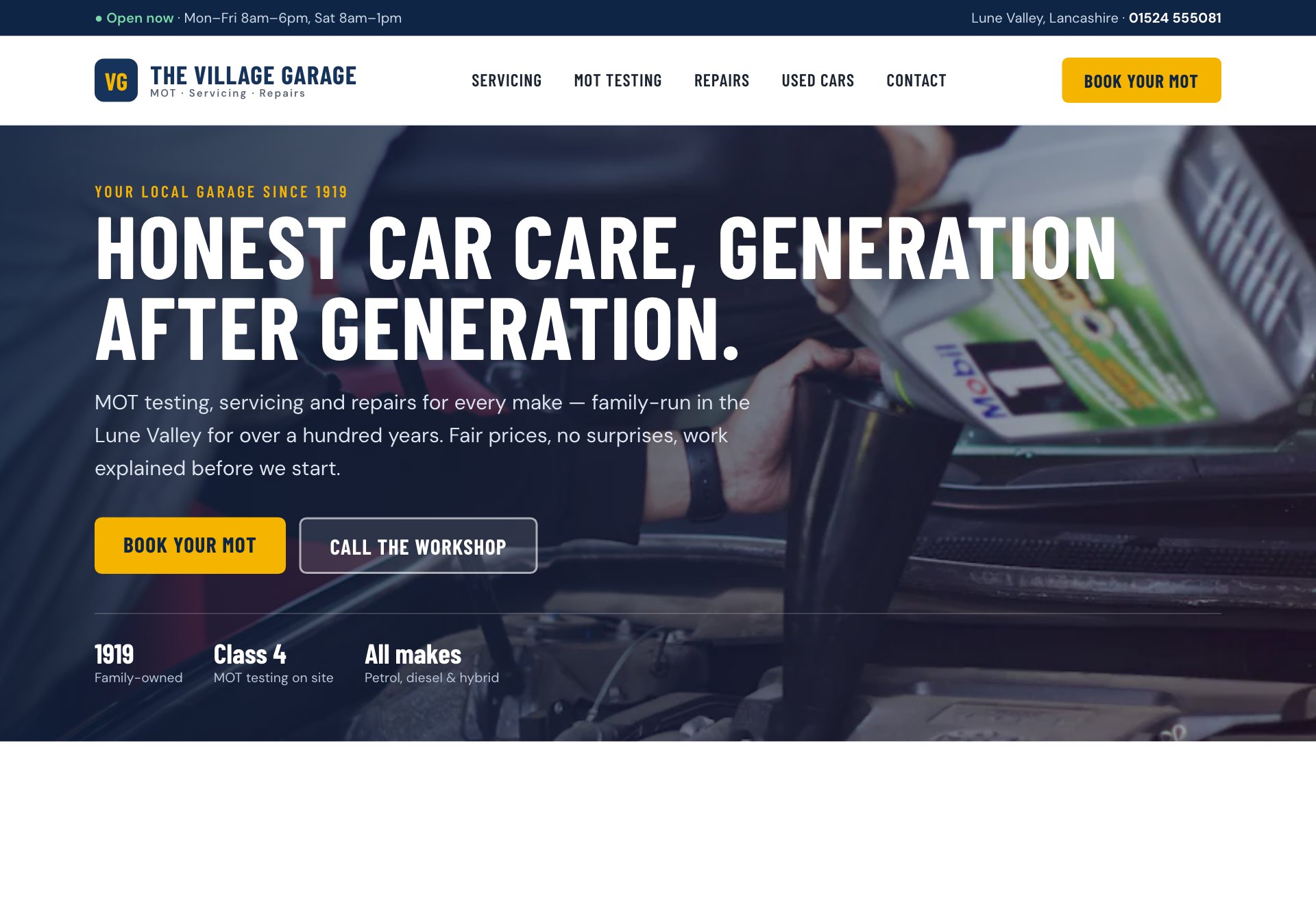 The rebuilt village garage homepage — modern and mobile-ready